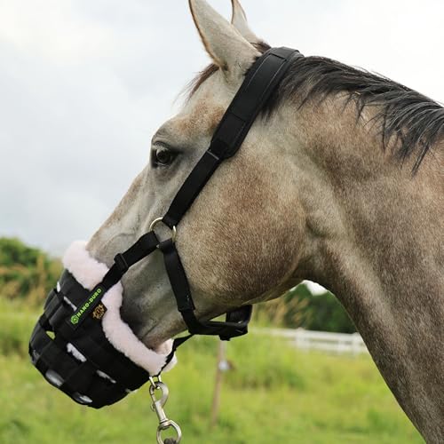 T TEKE Nano-Duro II Deluxe Pferd Weiden Maulkorb mit Fleece Pelz Futter, voll einstellbare Neopren Kissen Halter