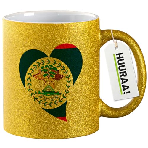 Huuraa Glitzertasse Belize Flagge Herz 330ml Gold Keramik Kaffeebecher Geschenkidee