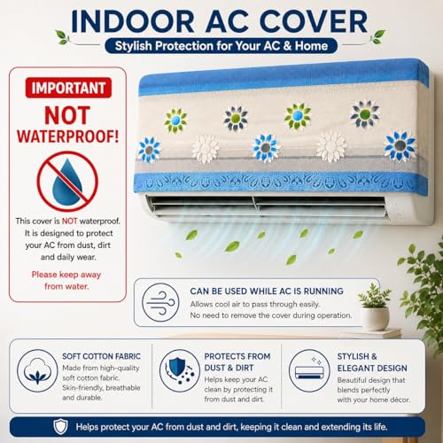 Image of Combo Cotton Net Split AC Cover Indoor Unit for 1.5Ton Capacity AC, Premium Work Indoor AC Dust Protection Cover Designer Summer Ac Cover for 1.5Ton Ac (38 X 15.35 X 7.8 inch, Blue & Grey)