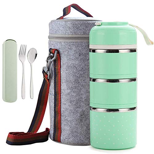 Cute Bento Stackable Lunch Box with Flatware Set Stainless Steel Lunch Containers Leakproof Food Container Insulated Lunch Bag for Adults Women Men Kids (Green, 3-Tier)