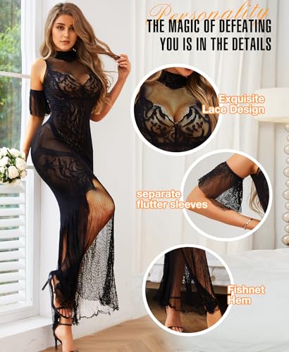 RSLOVE Women Lingerie Sexy Dress - Lace Mesh Sleepwear Maxi Nightgown Exotic Sheer Long Bridal Chemise with Detachable Sleeve3