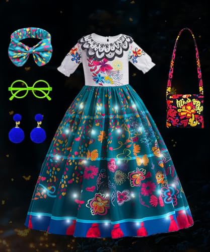 Disfraz de Encanto Vestido, Mirabel Disfraz Niñas con Luces, Disfraz Mirabel Vestido con Bolso Hombro, Luces Disfarce Princesa Encanto para Niños Cumpleaños Fiesta Carnaval Halloween Cosplay(110cm)