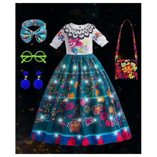 Disfraz de Encanto Vestido, Mirabel Disfraz Niñas con Luces, Disfraz Mirabel Vestido con Bolso Hombro, Luces Disfarce Princesa Encanto para Niños Cumpleaños Fiesta Carnaval Halloween Cosplay(110cm)