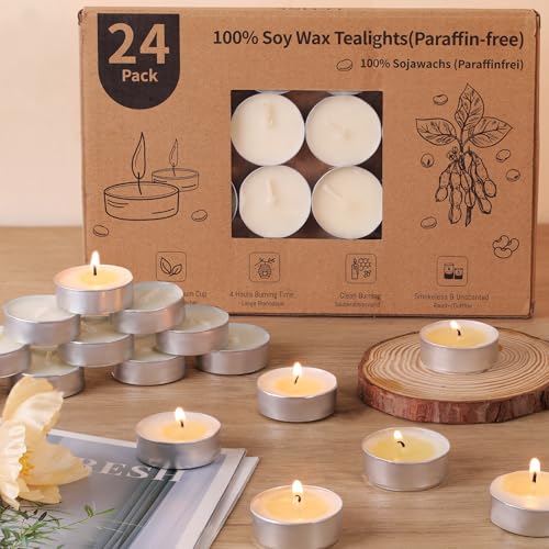 LETINE 24 velas de té de cera de soja, blancas, sin fragancia, 4 horas de combustión, paquete grande, decoraciones de fiesta