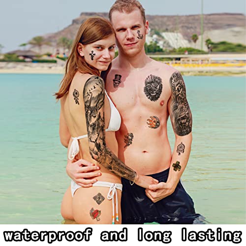 Metuu 46 Sheets Extra Large Full Arm Waterproof Realistic Temporary Tattoo For Men And Women(L22.8“Xw7”)，Elk Deer Eagle Lion Wolf Tiger Sailboat Totem Scorpion Tattoo Stickers Suitable For Hand Arm Leg Face #TOP5