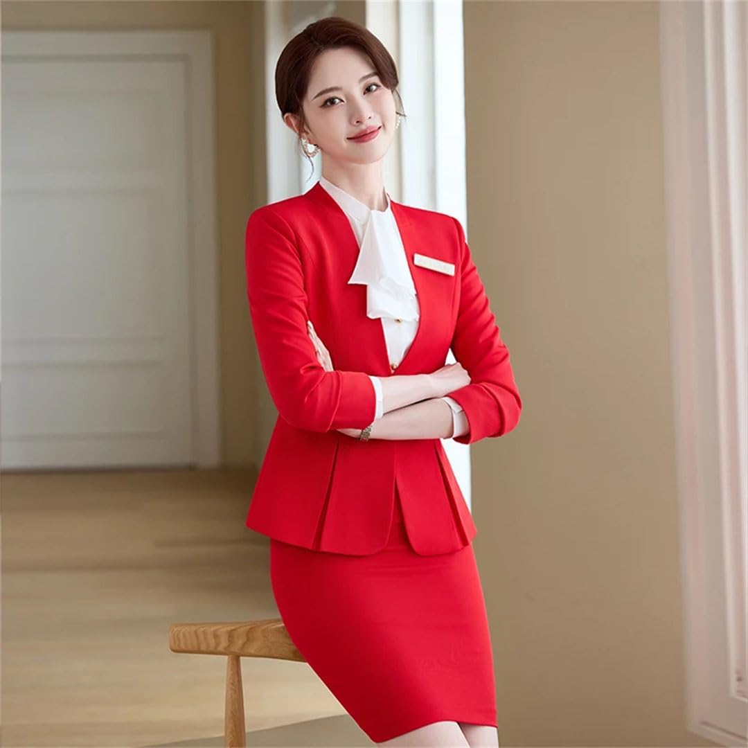 Women's Solid Color V-Neck Single Button Slim Fit Short Suit Jacket Skirt Two-Piece Suit