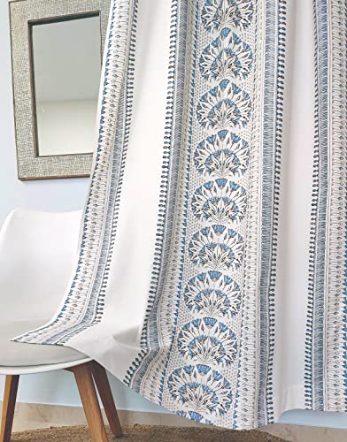 Image of Tranquebar Curtain Co. Cotton Curtains 7 Feet Long Set of 2, 60-65% Room Darkening, Blue Geometric Floral Print, Door Curtains 7 Feet Set of 2, BackTabs, Gami (213 cm) - Set of 2