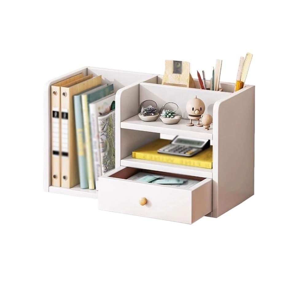 AYCDL Bookcase Synthetic Board Bookshelf Bookcase, with Drawers Small Desktop Bookshelf, Freestanding Desk Storage Organiser, Desk Tidy Organiser for Office Home Disp