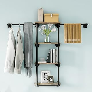 Sponsored Ad - Wall Mounted Pipe Clothing Rack with Shelves, Industrial Clothes Rack with 4 Tier Closet Bar Heavy Duty Iro...