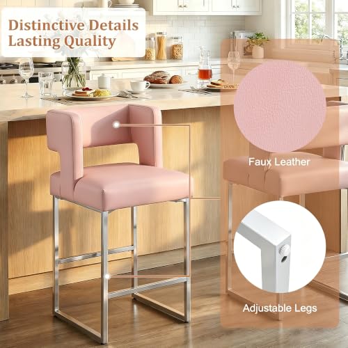 Image of Counter Height Bar Stools Set of 4, Pink Leather Chair Silver Legs | 26 inch Seat Height Fits Standard Kitchen Islands, Upholstered Barstools, Back Support, Square Metal Legs, Footrest