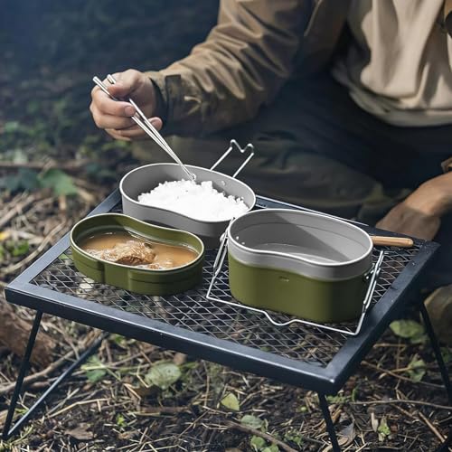 Bundeswehr Essgeschirr, Hitzebeständig Camping Kochgeschirr Outdoor mit Faltbarer Messer, Gabel und Löffel, Bundeswehr Aluminium Kochgeschirr, 1.8L Lunchbox für 1-2 Personen Geeignet
