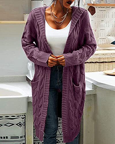 Image of Women Hooded Open Front Cardigan Cable Knit Chunky Long Sweater Coats | solid color, cable knit ,long duster cardigan,chunky coatigan,winter ,falll ,side pockets