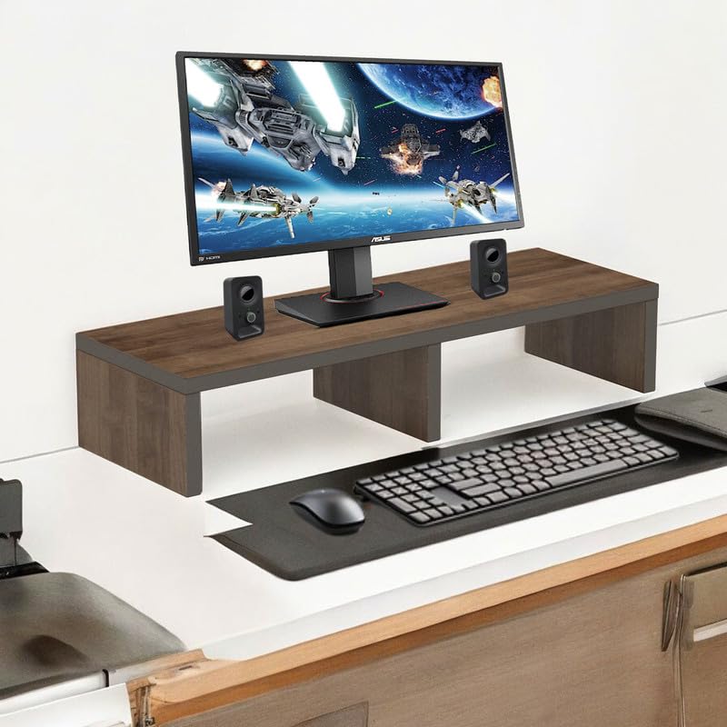 Image of flux Monitor Stand Wooden | Monitor Stand Riser | PC Stand For Desktop Table | , with 3 leg support, Non-Slip | Material: Particle Board Wood | Size: (59.5 cm x 20cm x 12cm) Brown