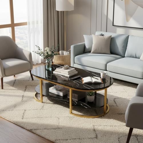 Image of RIZIK Stores Coffee Table - Modern 2-Tier Center Table with Engineered Wooden Top & Metal Frame, Living Room Sofa Table, Elegant Cocktail Table for Home, Office, Dining (Black)