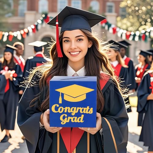 Image of OLANRUN 9 inch Graduation Card Box, Graduation Decorations 2026 - Congrats Grad Foldable Cardstock Money Box for Class of 2026 Grad Party Decor (Blue Gold)