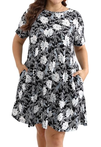 Image of Plus Size Dress for Curvy Women Summer Short Sleeve Casual Floral Printed T Shirt Dress with Pockets 3X, Black+white