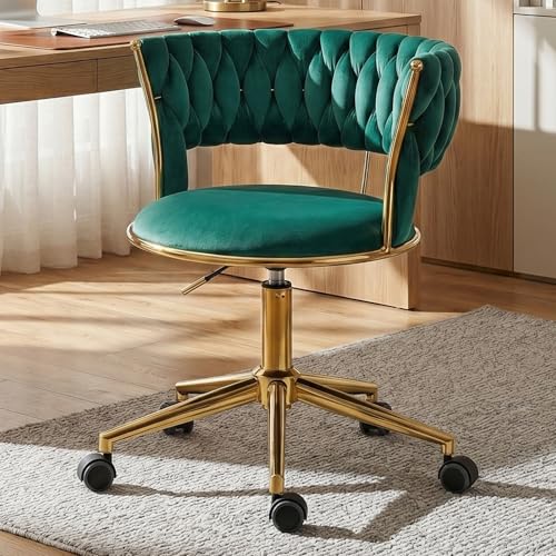 Sudwesto Hand Woven Home Office Chair, Velvet Upholstered Desk Chair with Height Adjustable, Tufted Vanity Chair with 360°Swivel & Wheels, Ergonomic Accent Armchair with Gold Base (Emerald)