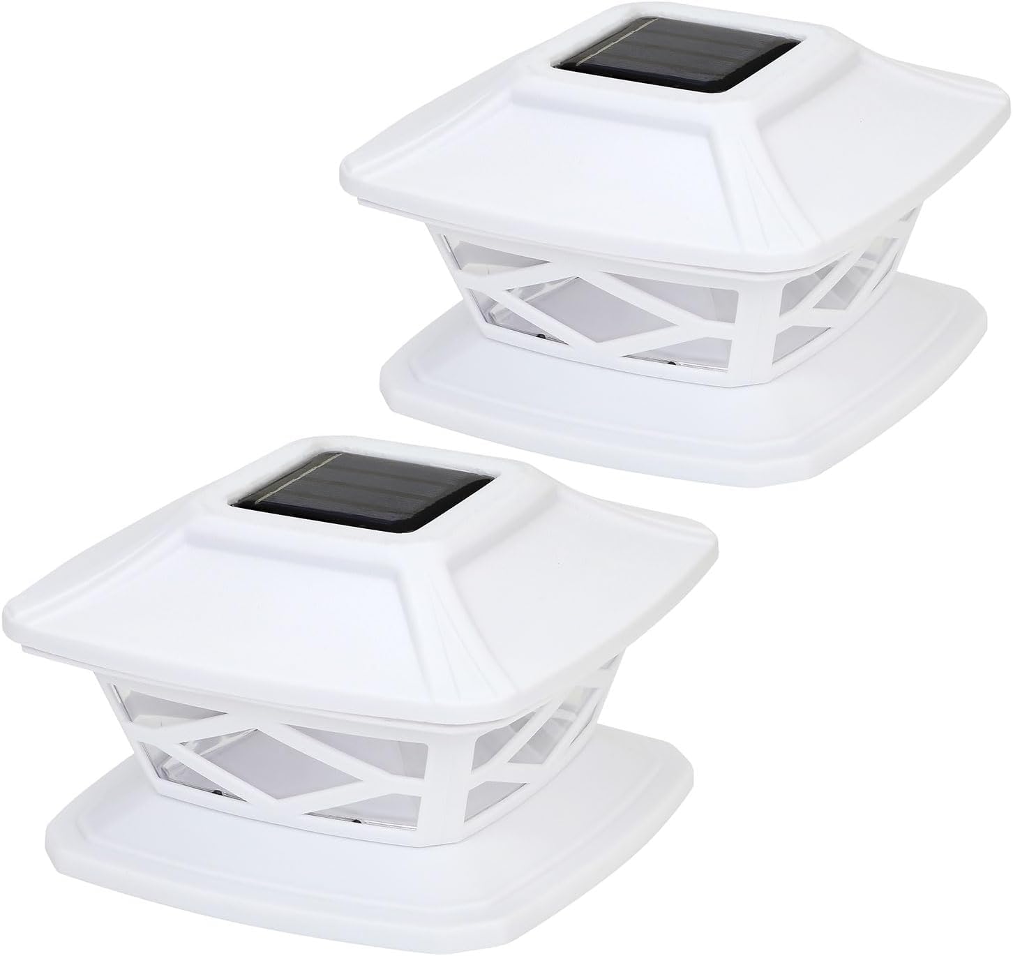Greenfields White Pack Of 2 Solar Led Post Lights - Outdoor Garden Ip65 Waterproof Square Landscape Post Cap - Solar Powered Lamp For Patio Fence Deck Fits 4X4, 5X5, 6X6 Inch Wooden Posts