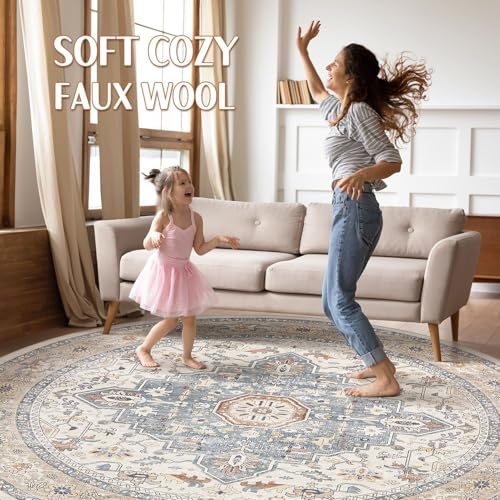 Round Rug Living Room Rugs: 10Ft Washable Boho Neutral Large Circle Soft Indoor Distressed Stain Resistant Floor Farmhouse Carpet for Bedroom Nursery Kids Playroom Office Dining Room Dorm- Beige Blue