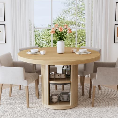 Epecoya 47-Inch Round Wood Dining Table with Open Storage Shelves