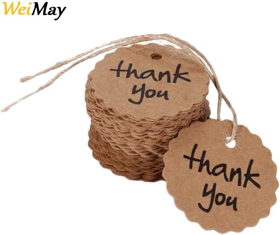 Round Tags,WeiMay 100Pcs Brown Kraft Paper Gift Tags,Blank Name Cards Price Label Card Hanging Tags for Wedding Birthday Party (Thank You)