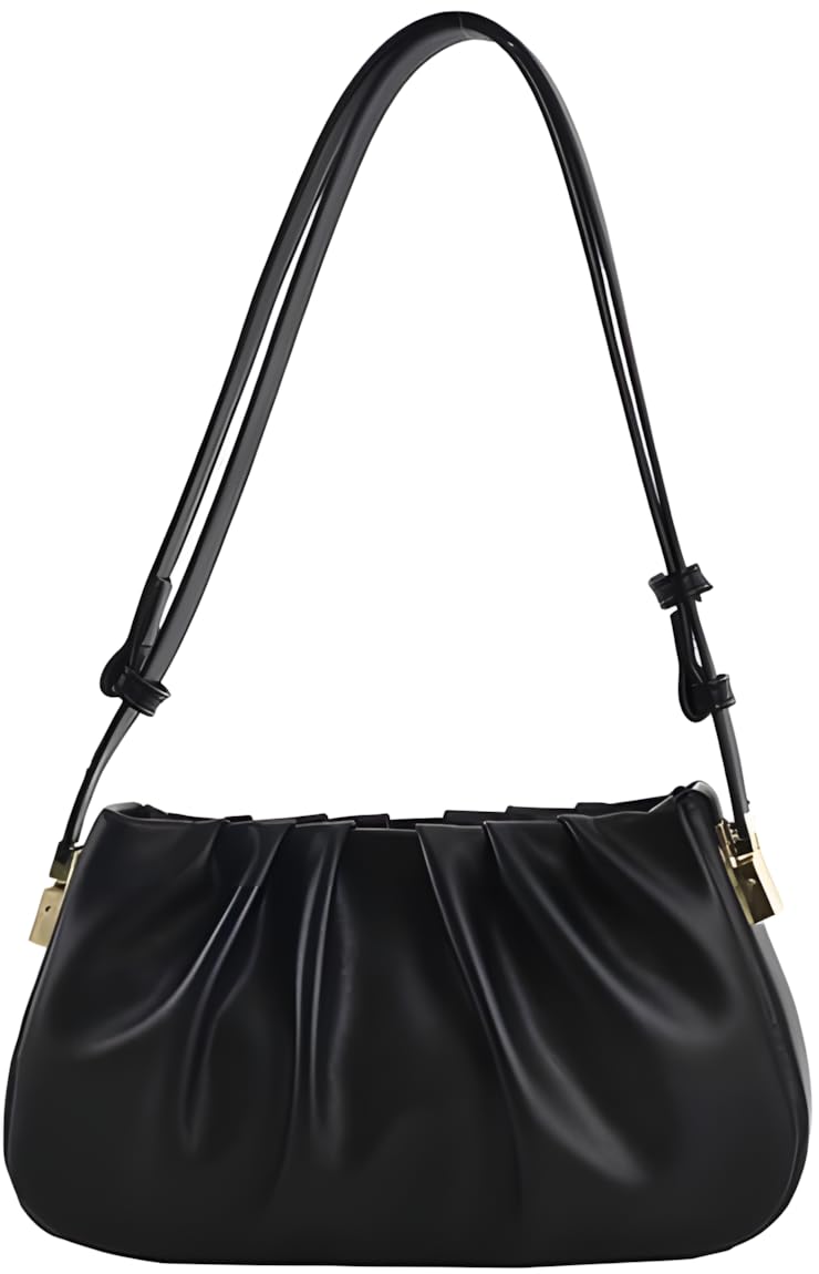 Elegant Pleated Shoulder Bag with Adjustable Strap, Faux Leather, Available in Brown, Black, Beige
