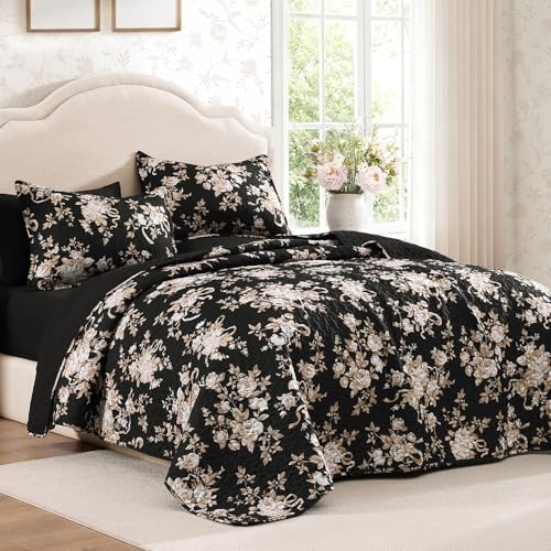 Image of Andency Quilt Queen Size, Black Flower Bedspread Queen Size, 3 Pieces Soft Bedding Set, Lightweight Coverlet Set for All Season with 2 Pillowcases (96 inchx90 inch)