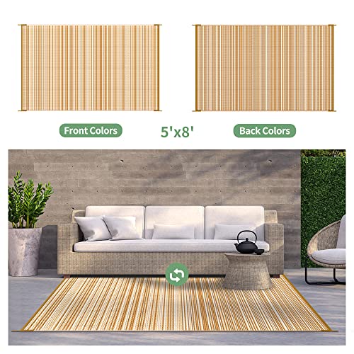 Genimo 5X8 Outdoor Rug Waterproof, Reversible Mats, Outdoor Area Rug, Plastic Outside Carpet, Geometric Rv Mat For Patio Camping Picnic Backyard Deck Balcony Porch Beach Trailer (Multi Brown & Beige) #TOP3