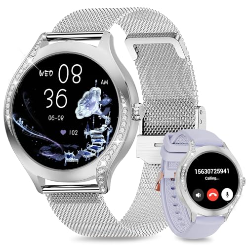 niolina Smartwatch Damen mit Bluetooth Anrufe,1.19 Zoll HD Voll Touch Screen Uhr,Fitnessuhr mit SpO2/Blutdruckmessung/Menstruationszyklus/Schrittzähler/Schlafmonitor für iOS und Android,Silber​