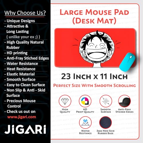 Image of Anime Theme Printed XL Extended Stich Edge Mousead | Smooth Surface Gaming Mousepad with Anti-Slip Rubber Base | 3mm Thick - 11 x 23 Inch (Happy Luffy (P106))
