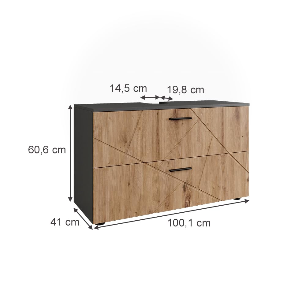 Vicco Meuble sous Vasque Irma, Anthracite/Chêne de Force doré, 100.1x60.6cm avec 2 tiroirs, Convient aux lavabos Standards avec découpe pour Siphon