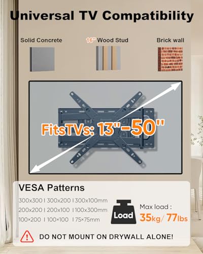 WHYFONE TV Wall Bracket Mount, [180° Rotation] [180° Swivel] Corner TV Bracket Mount with 655mm Extendable Arm for 13-50 Inch TVs & Monitors, Full Motion Monitor Wall Mount VESA 300x300mm up to 35kg - Image 3