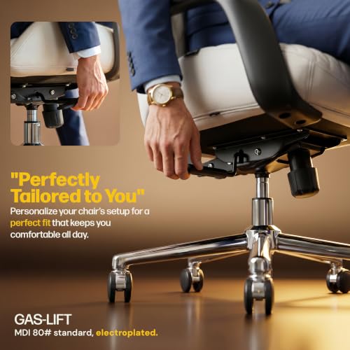 Image of DROGO Levante Ergonomic Office Chair for Work from Home with Bionic Curve Design | High Back Executive Boss Chair, Double Padded Armrest, Genuine Vegan Leather, Heavy Metal Base, 145 Recline (Beige)