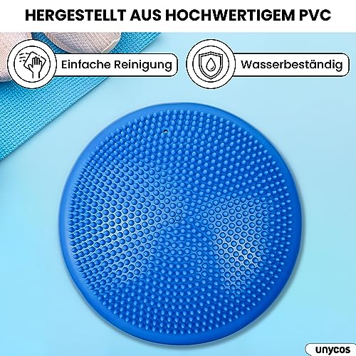 unycos - Ballsitzkissen inkl. Pumpe【Ø34 cm | Trägt 150 kg】Orthopädisches Sitzkissen Anti-Burst, Noppenkissen, Balance Pad, Luftkissen für Bürostuhl, Fitness, Reha/Koordinations (Blau; Basic)