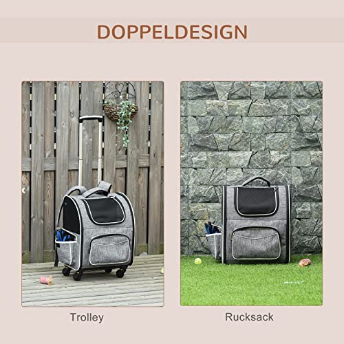 PawHut Hundetrolley mit Rollen Katzenrucksack mit Teleskopgriff Transportbox Transporttasche für Auto Hunderucksack Katzentasche Haustier Rucksack Hundebox für kleine Katzen Hunde bis 4 kg Grau