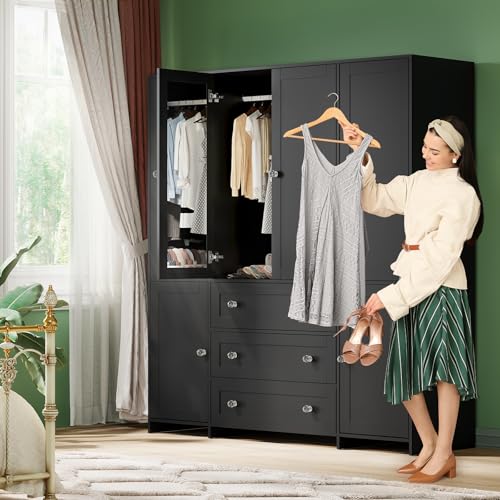 VOWNER Armoire Wardrobe Closet with Drawers and Mirror, 71\" Clothing Storage Cabinet with Hanging Rod, 6 Doors Wooden Wardrobe Cabinet for Bedroom, Large Capacity Storage - Thumbnail 3