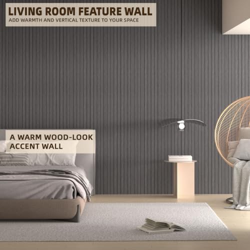 Image of Peel and Stick Wood Slat Wall Panels, Dark Gray, 236 x 15.7 in | 3D Fluted, PVC Paneling for Accent Wall, Ceiling, Living Room, Office, Bedroom