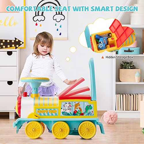 Image of GLACER Ride On Train with 16 Pieces Tracks for Kids, Electric Ride On Toy with Lights & Sounds, Storage Box Under Seat and Retractable Foot Pedals, Gift for Toddler, Boys and Girls 3+ Years (Blue)