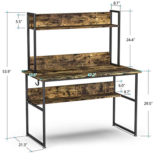 HABILY Morden Computer Desk with Hutch Storage Shelves, 47 Inch Industrial Work Desk Ladder Desk with Bookshelf and Tower Storage for Home Office (Rustic)