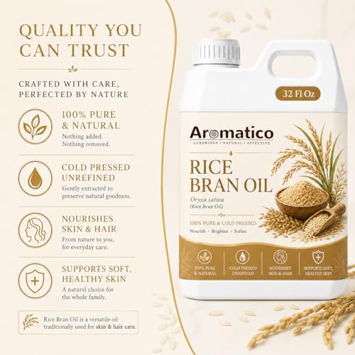 Image of AROMATICO Rice Bran Oil for Skin, Hair and Body Care, Multipurpose Carrier Oil for Massage, Scalp Care, Dry Skin Routine, DIY Beauty and Natural Glow - 946 ml