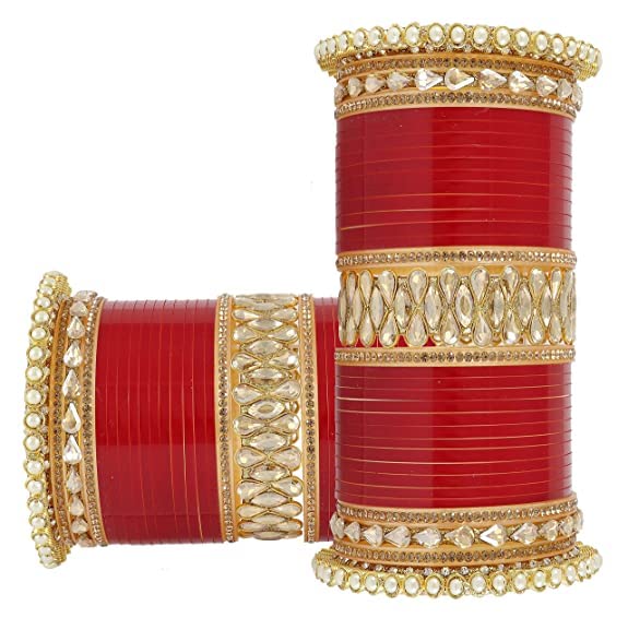 Image of NMII Traditional Gold Plated Acrylic Bangles Bridal Chuda Set For Women & Girls with Zircon Diamond & Pearls Beads Work | Royal Wedding Chudas | Premium Look | Bangles For Wedding, Festive, Function