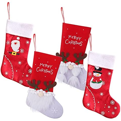 C100AE 4pcs Large Personalised Christmas Stockings with Lanyard,Xmas Stockings,Christmas Stocking Decorations for Kids Adults,Candy Stocking Pouch,Santa,Snowman,Reindeer for Fireplace Tree Decorations Cover