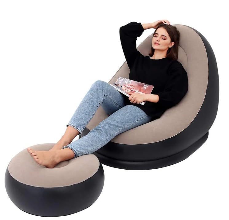Deluxe Inflatable Lounge Chair and Ottoman Set, Indoor Outdoor Flocked Air Sofa with Pump, Black and Beige, 116x98x83cm, Quick 3-Minute Inflation-image-43