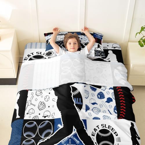 Image of Castle Fairy Baseball Player Bed Sheet Set Twin Size,Sports Geometric Grid Blue Sheet Set Kids Teens,Patchwork Baseball Bedding Decor Set with 1 Flat & 1 Fitted Sheet with 1 Pillow Sham