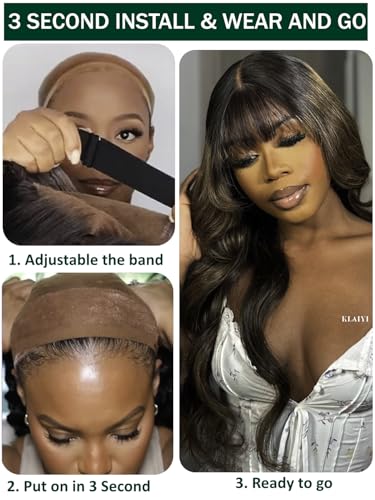 Image of KLAIYI Ombre Brown Loose Body Wave Bye Bye Knots Glueless Precut 7x5 HD Lace Front Human Hair Bang Wig Drawstring Highlight Balayage Brown Pre Plucked Bleached 30S Ready to Wear and Go Wig 180% 24Inch