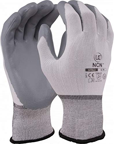 10 x UCI NCN Lightweight Nitrile L/W Coated Work Safety Gloves - Grey/White (9 / Large)