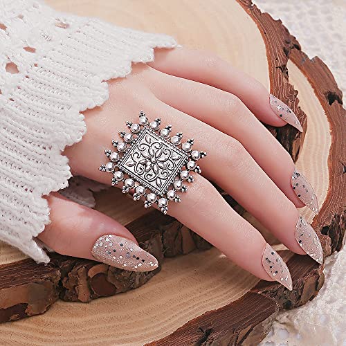 Boho Vintage Square Flower Statement Ring for Women Girls White Gold Plated Engrave Flowers Geometric Rings Comfort Fit Dainty Birthday Christmas Party Jewelry Size 6-82