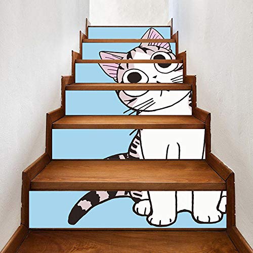 Imprimir imagen de arte 3D pegatina de escalera DIY gato de dibujos animados lindo decoración del hogar calcomanías autoadhesivas Mural impermeable Cover