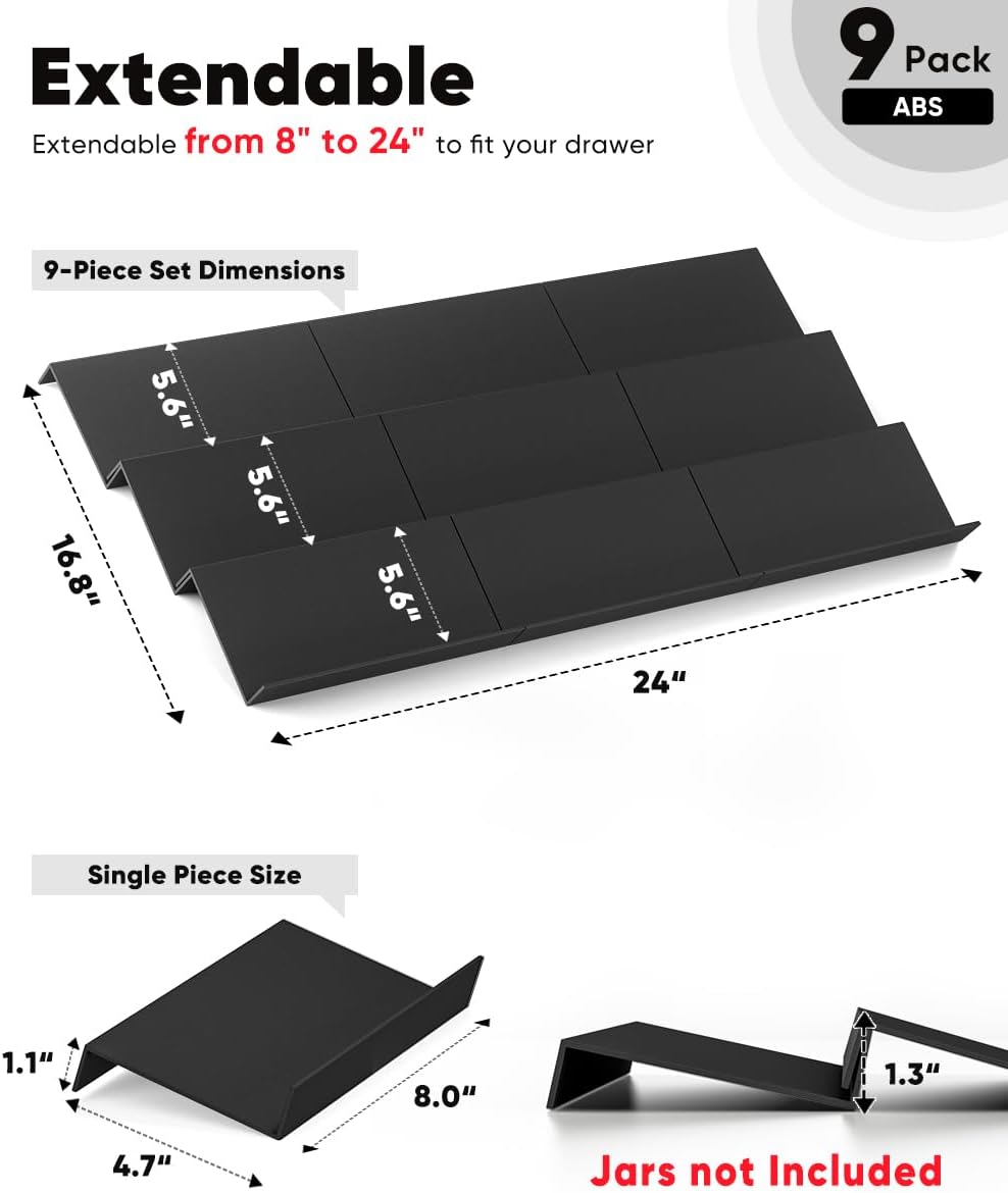 Artibear ABS Spice Drawer Organizer, Spice Rack Tray for Kitchen Cabinet, 9 Pieces Set-Expandable Seasoning Storage Rack From 8"-24" Insert for Drawer/Countertop (Jars Not Included)