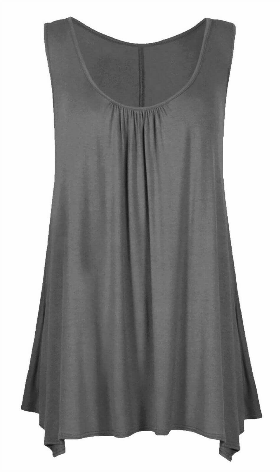 Real Life Fashion Ltd Women's Charcoal Sleeveless Hanky Hem Top Plain Gathered Top Scoop Neck Tunic Shirt Flared Vest Top